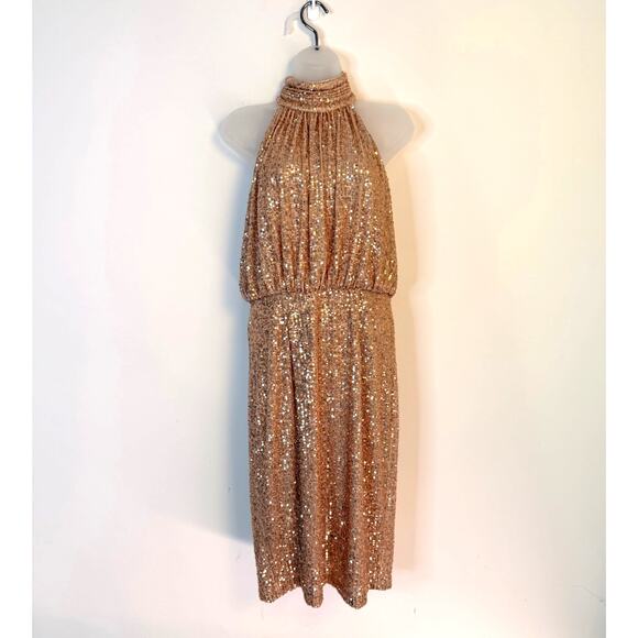 Eliza J Gold Sequin Halter Midi Dress Open Back Evening Party Dress - Picture 2 of 8